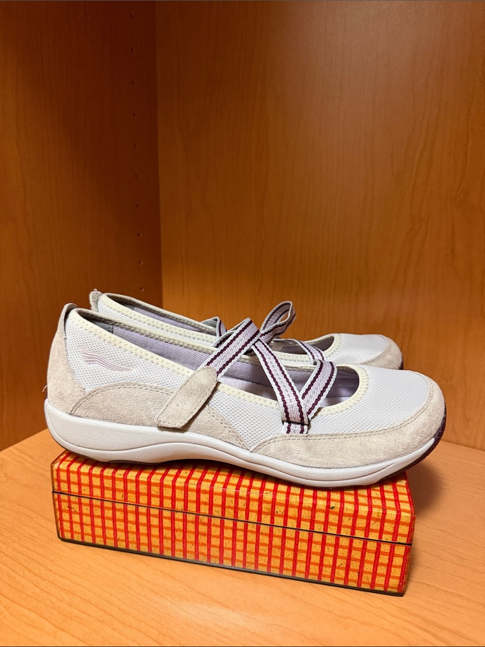 Dansko Beige and White Mary Jane Flats with Striped Straps